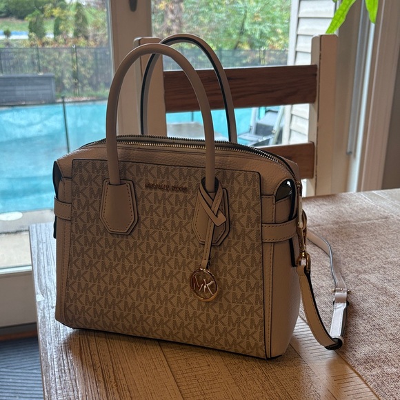Michael Kors Monogram Satchel in Cream and Tan - Picture 6 of 7